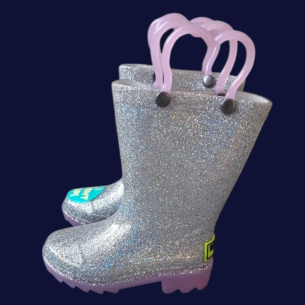 Western Chief Abby Glitter Lighted Silver Rain Boots Size 5